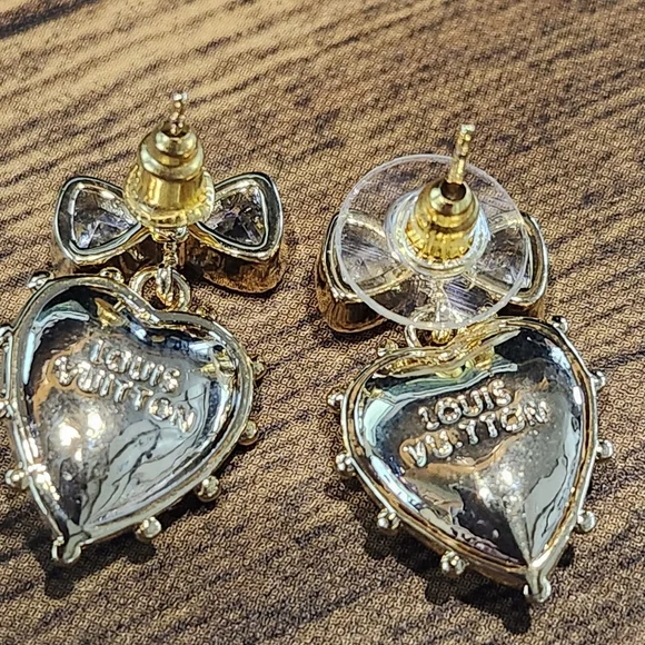 Elegant Gold and Pink Heart Earrings with Crystal Bows #16 - Picture 2 of 2